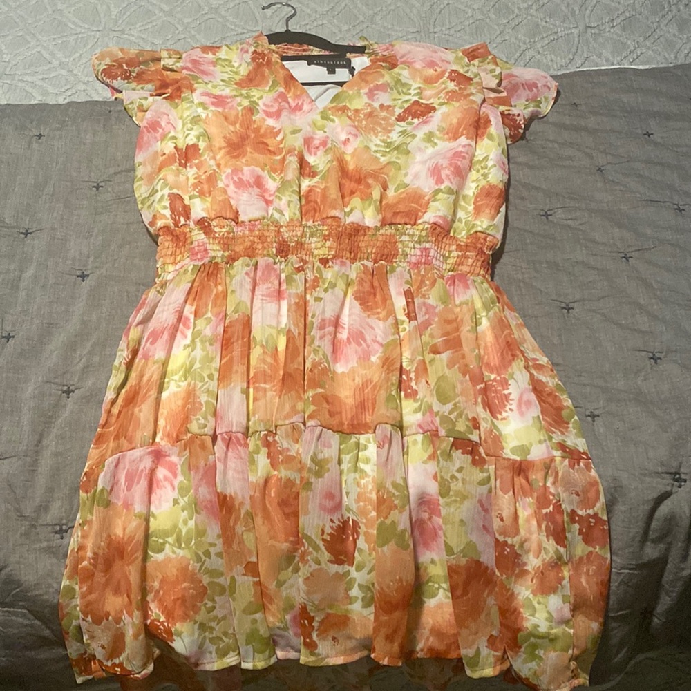 Flutter Sleeve Smocked detail dress - color pink bouquet